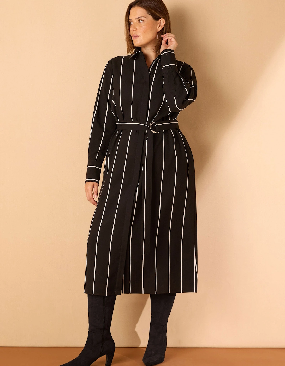 Black Contrast Stripe Belted Midaxi Shirt Dress