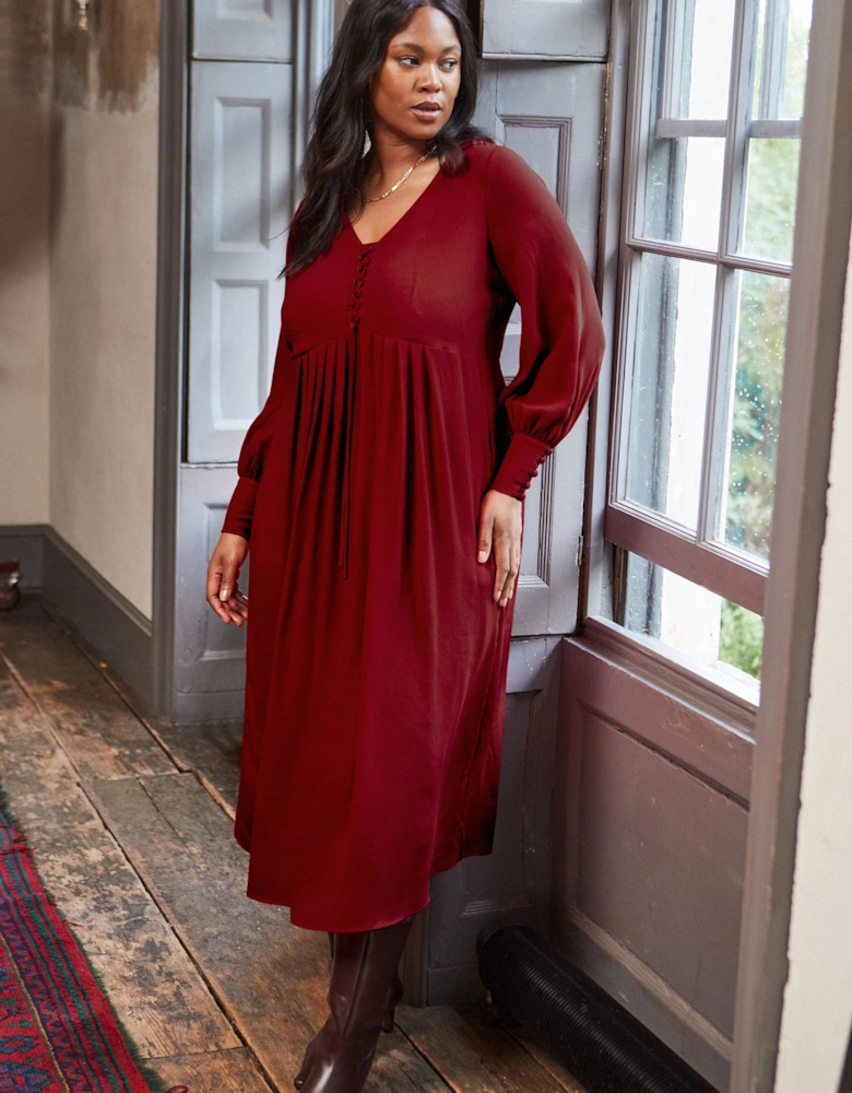 Dark Red Lace Up Blouson Sleeve Midi Dress