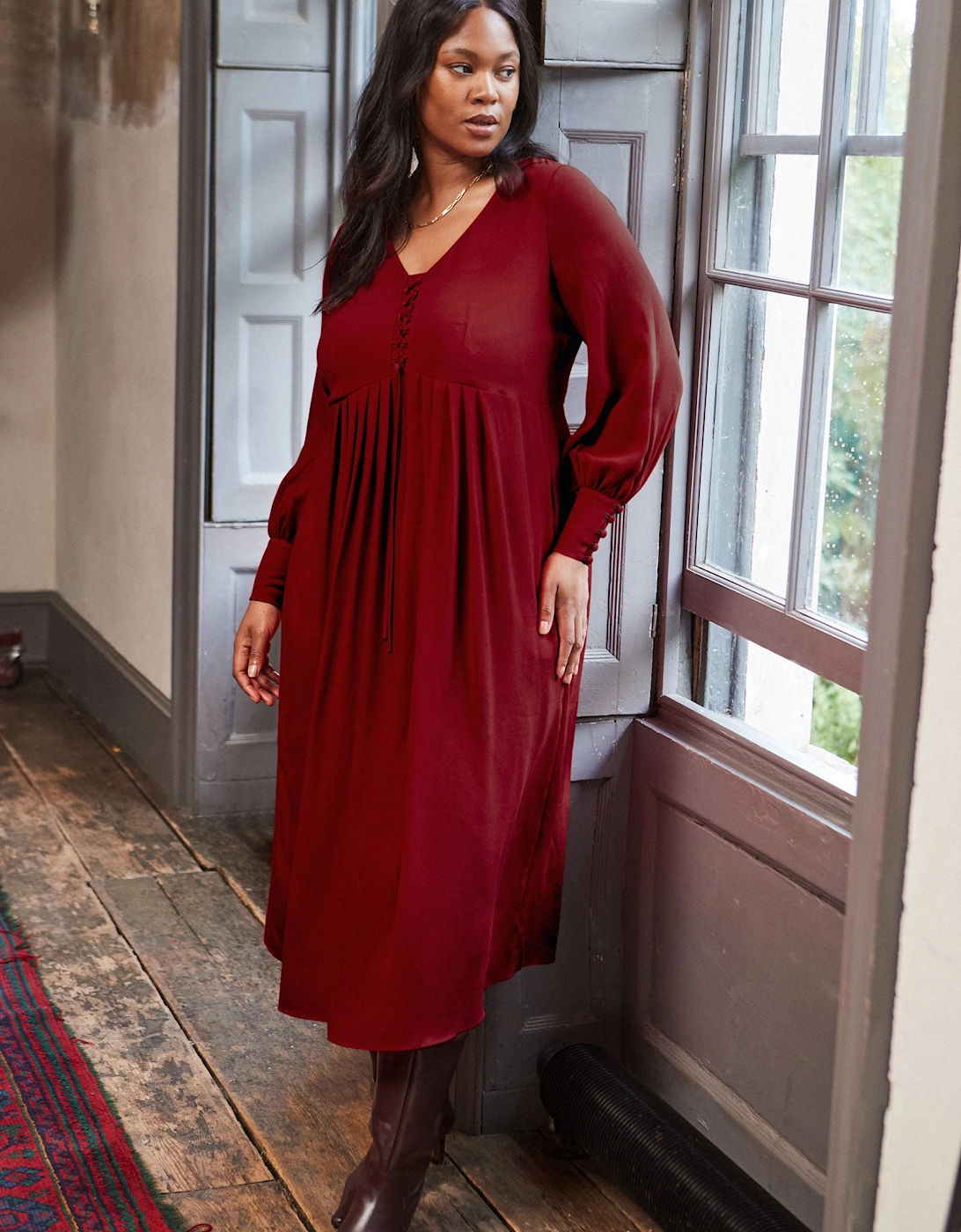 Dark Red Lace Up Blouson Sleeve Midi Dress