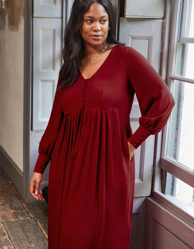 Dark Red Lace Up Blouson Sleeve Midi Dress