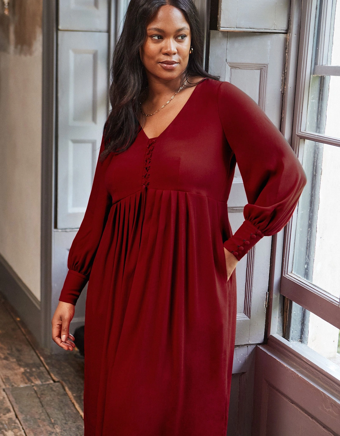Dark Red Lace Up Blouson Sleeve Midi Dress
