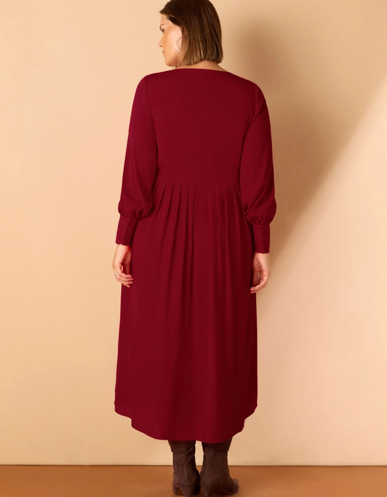 Dark Red Lace Up Blouson Sleeve Midi Dress