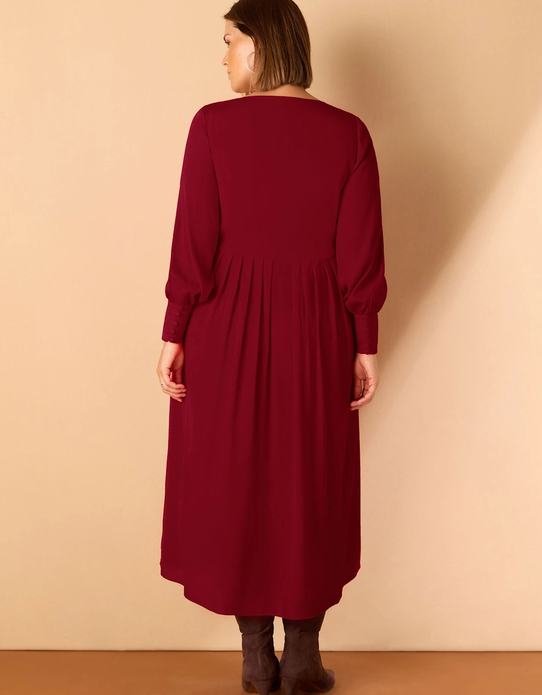Dark Red Lace Up Blouson Sleeve Midi Dress