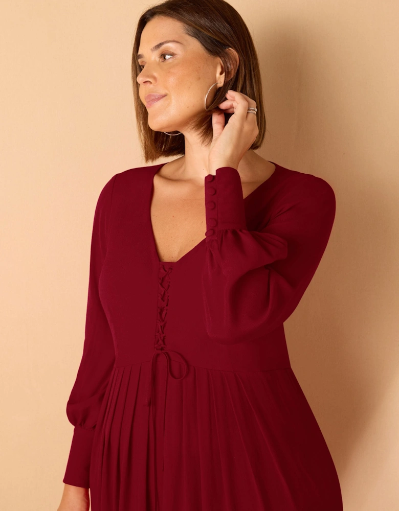Dark Red Lace Up Blouson Sleeve Midi Dress