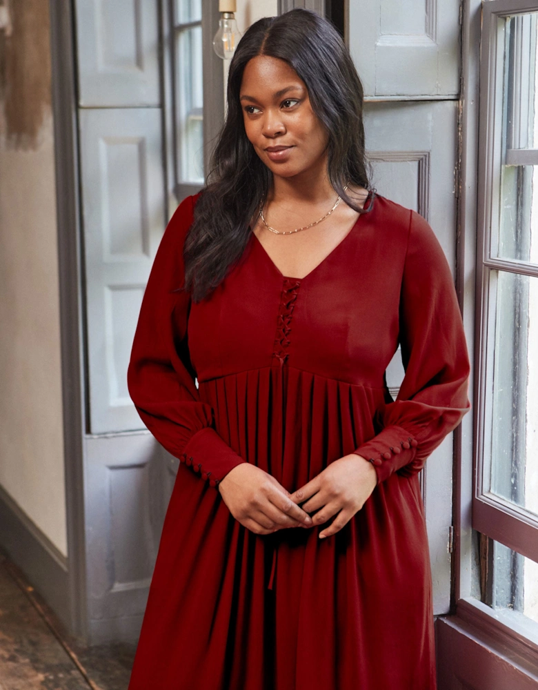Dark Red Lace Up Blouson Sleeve Midi Dress