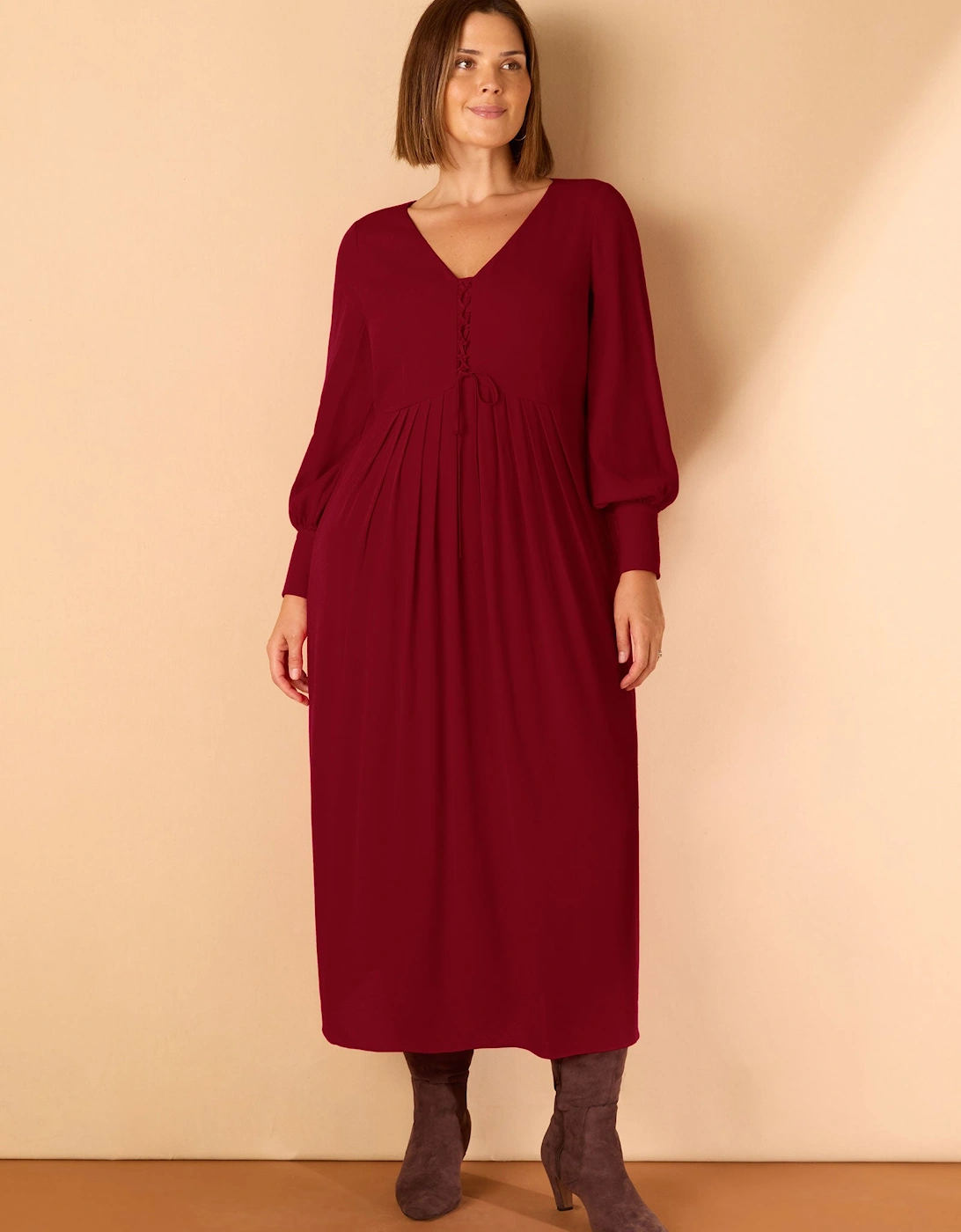 Dark Red Lace Up Blouson Sleeve Midi Dress