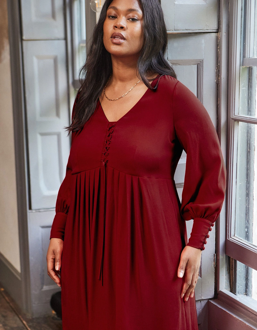 Dark Red Lace Up Blouson Sleeve Midi Dress