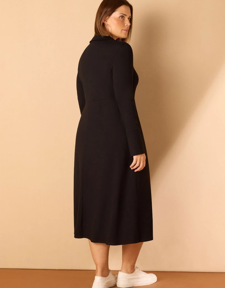 Black Polo Collar Jersey Midi Dress
