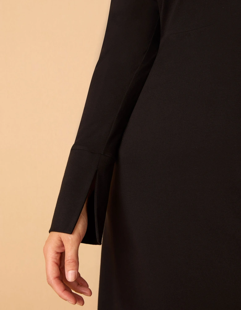 Black Polo Collar Jersey Midi Dress