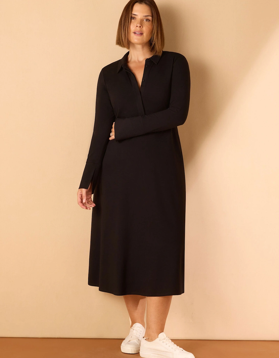 Black Polo Collar Jersey Midi Dress