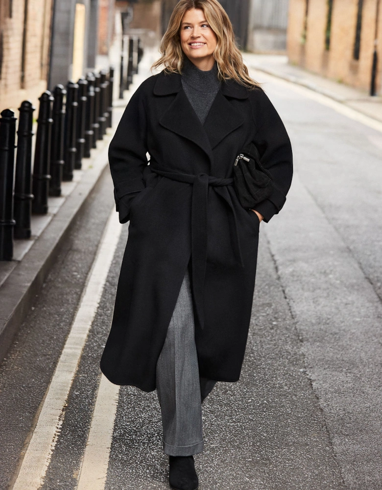 Black Wool Blend Belted Coat