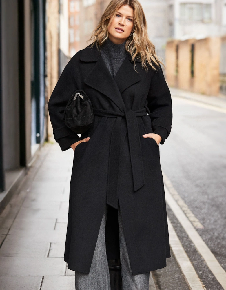 Black Wool Blend Belted Coat