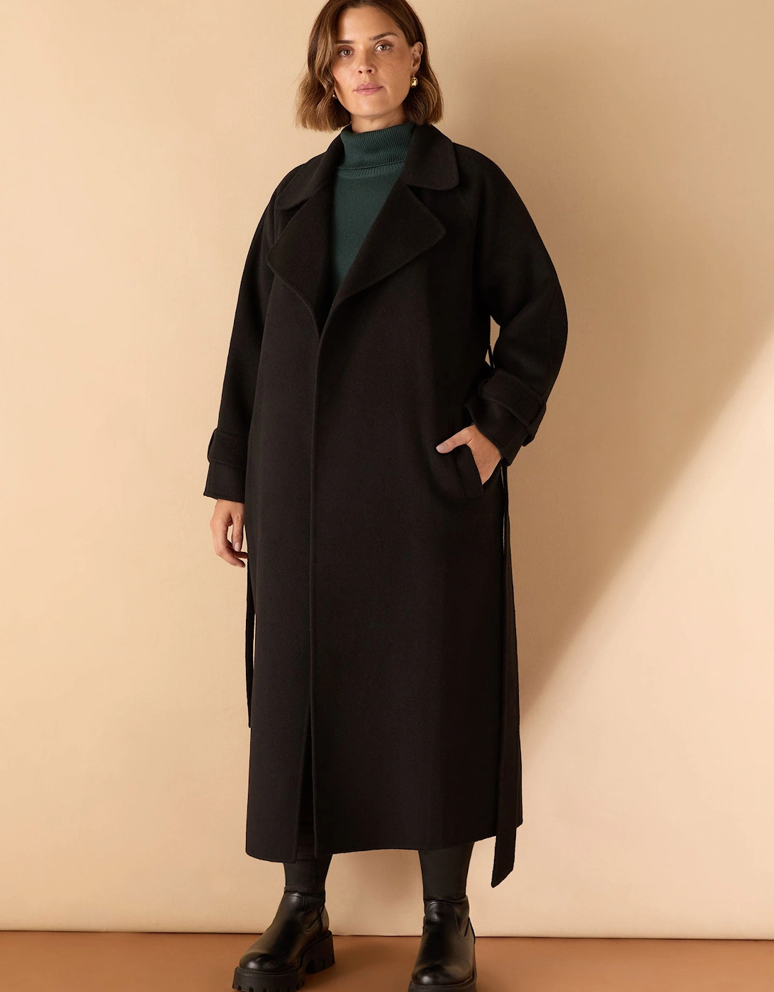 Black Wool Blend Belted Coat