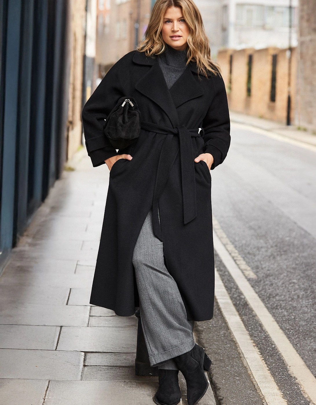 Black Wool Blend Belted Coat