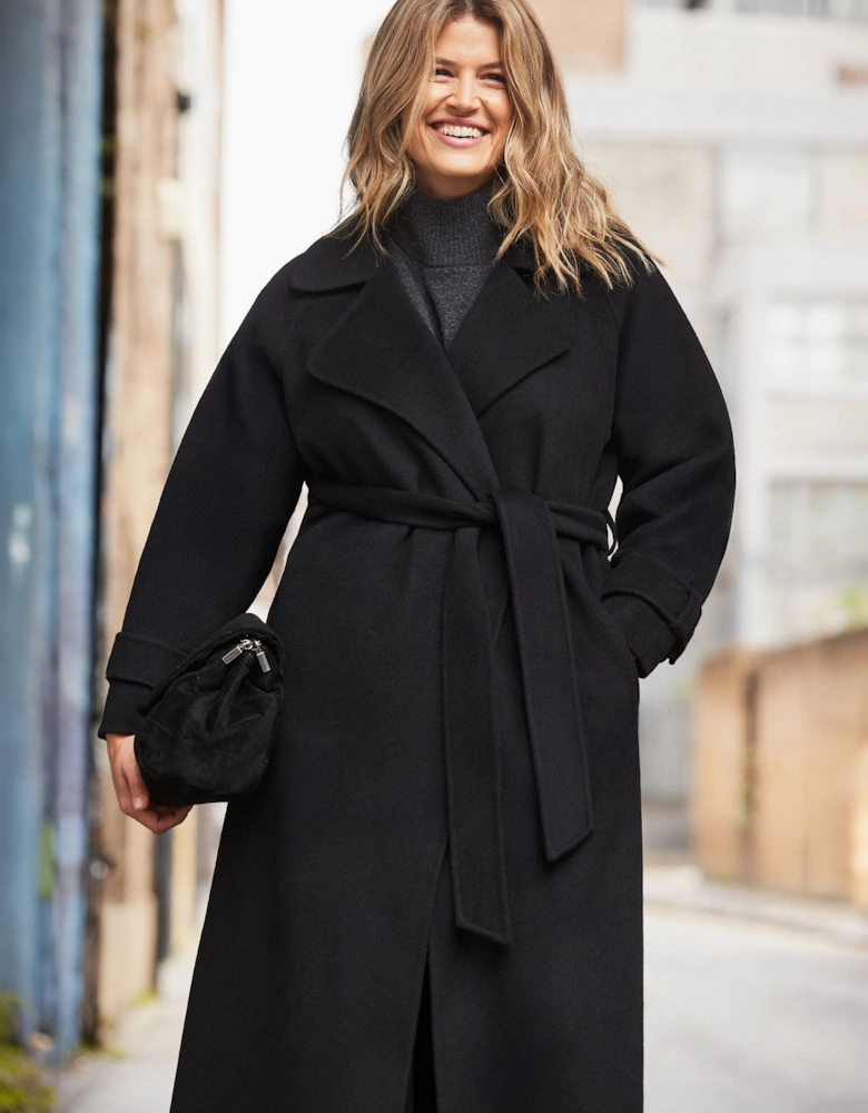 Black Wool Blend Belted Coat