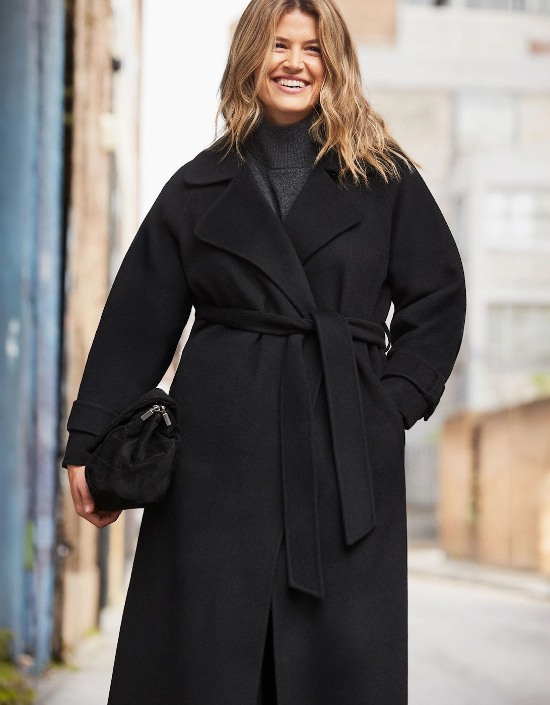 Black Wool Blend Belted Coat
