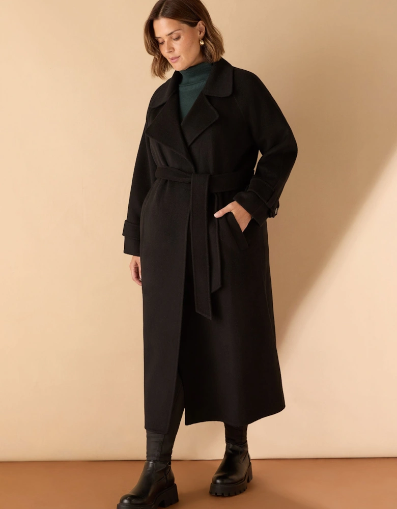 Black Wool Blend Belted Coat