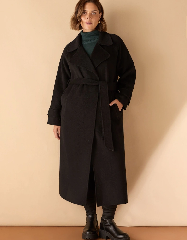 Black Wool Blend Belted Coat
