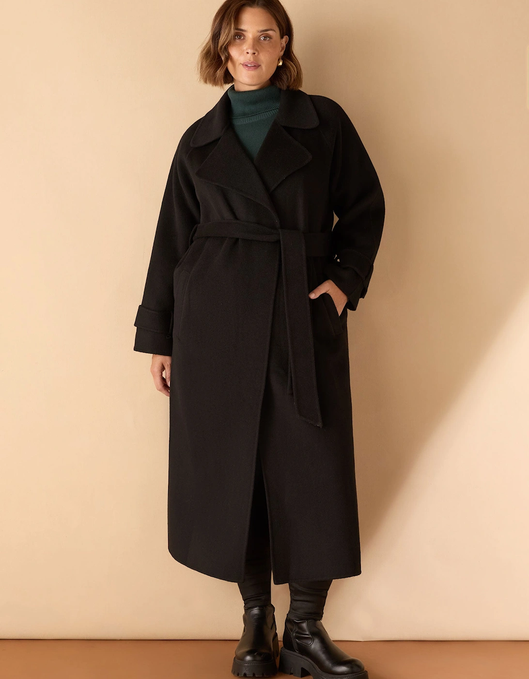 Black Wool Blend Belted Coat