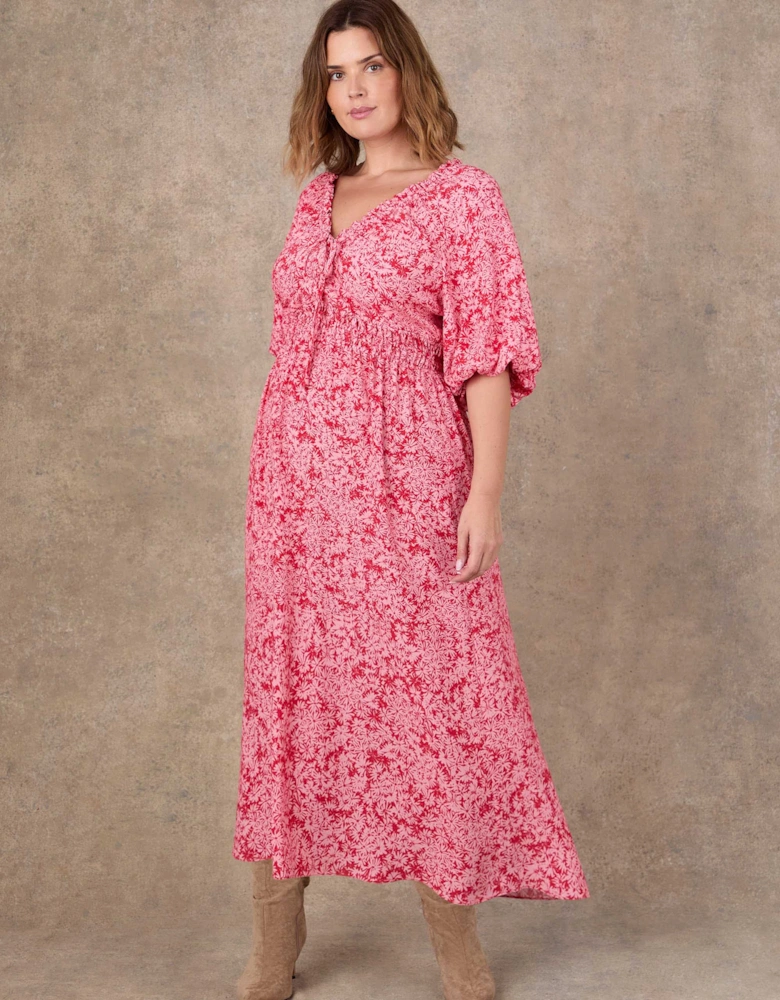 Pink Floral Print Puff Sleeve Elasticated Waist Dress