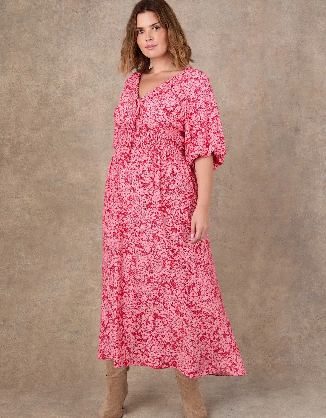 Pink Floral Print Puff Sleeve Elasticated Waist Dress