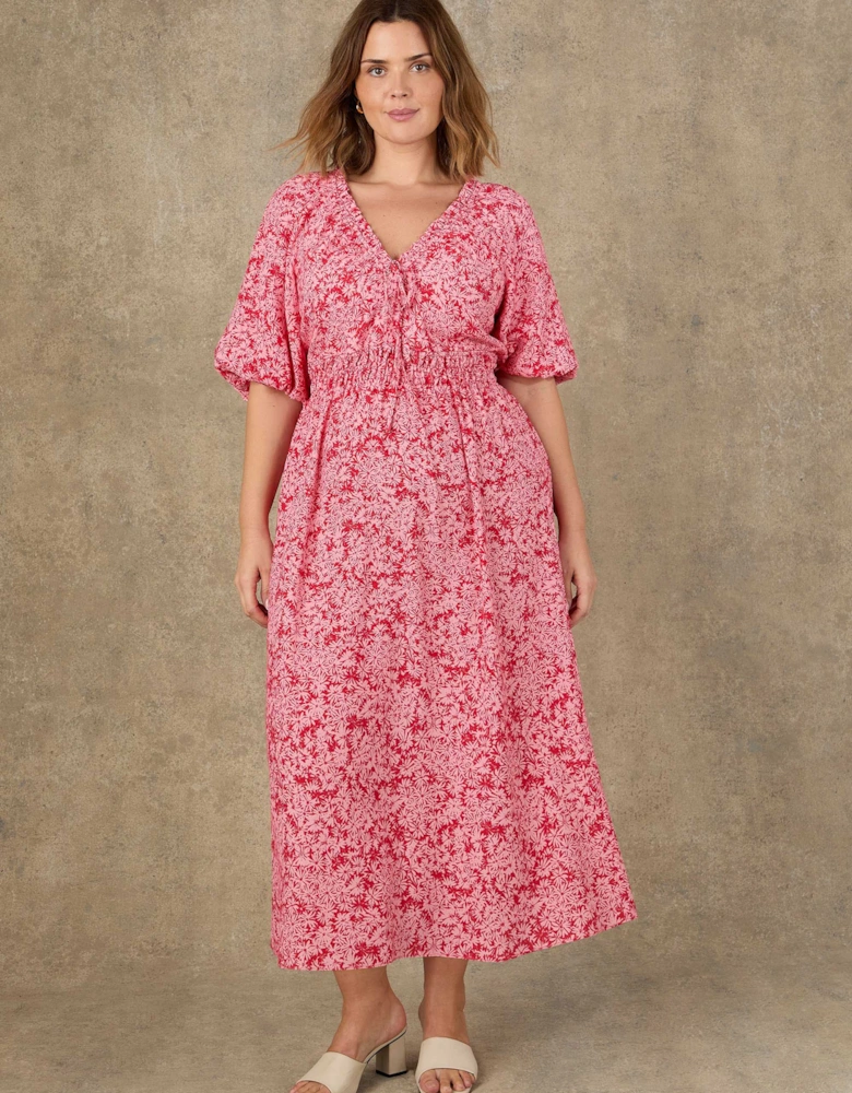 Pink Floral Print Puff Sleeve Elasticated Waist Dress