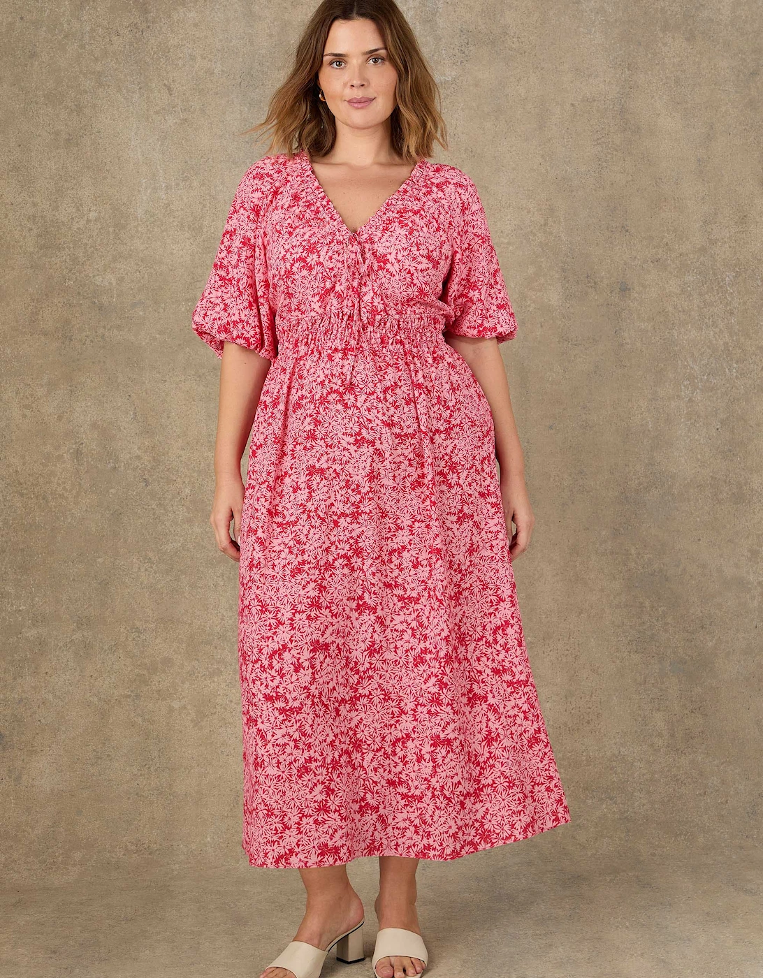 Pink Floral Print Puff Sleeve Elasticated Waist Dress
