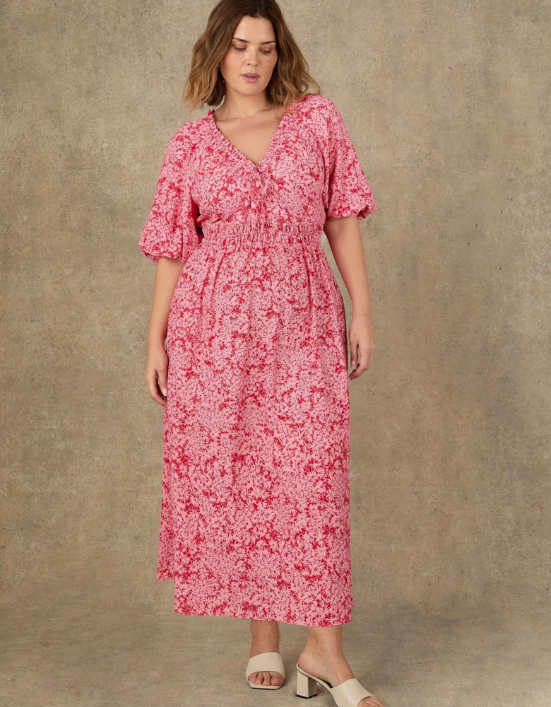 Pink Floral Print Puff Sleeve Elasticated Waist Dress