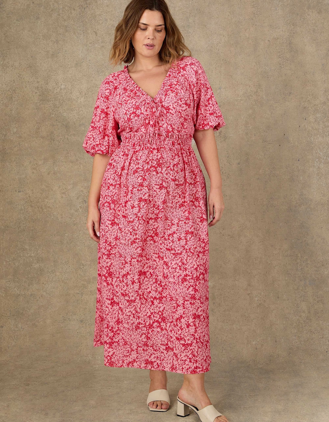 Pink Floral Print Puff Sleeve Elasticated Waist Dress