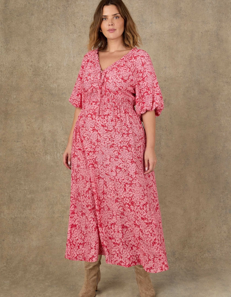 Pink Floral Print Puff Sleeve Elasticated Waist Dress