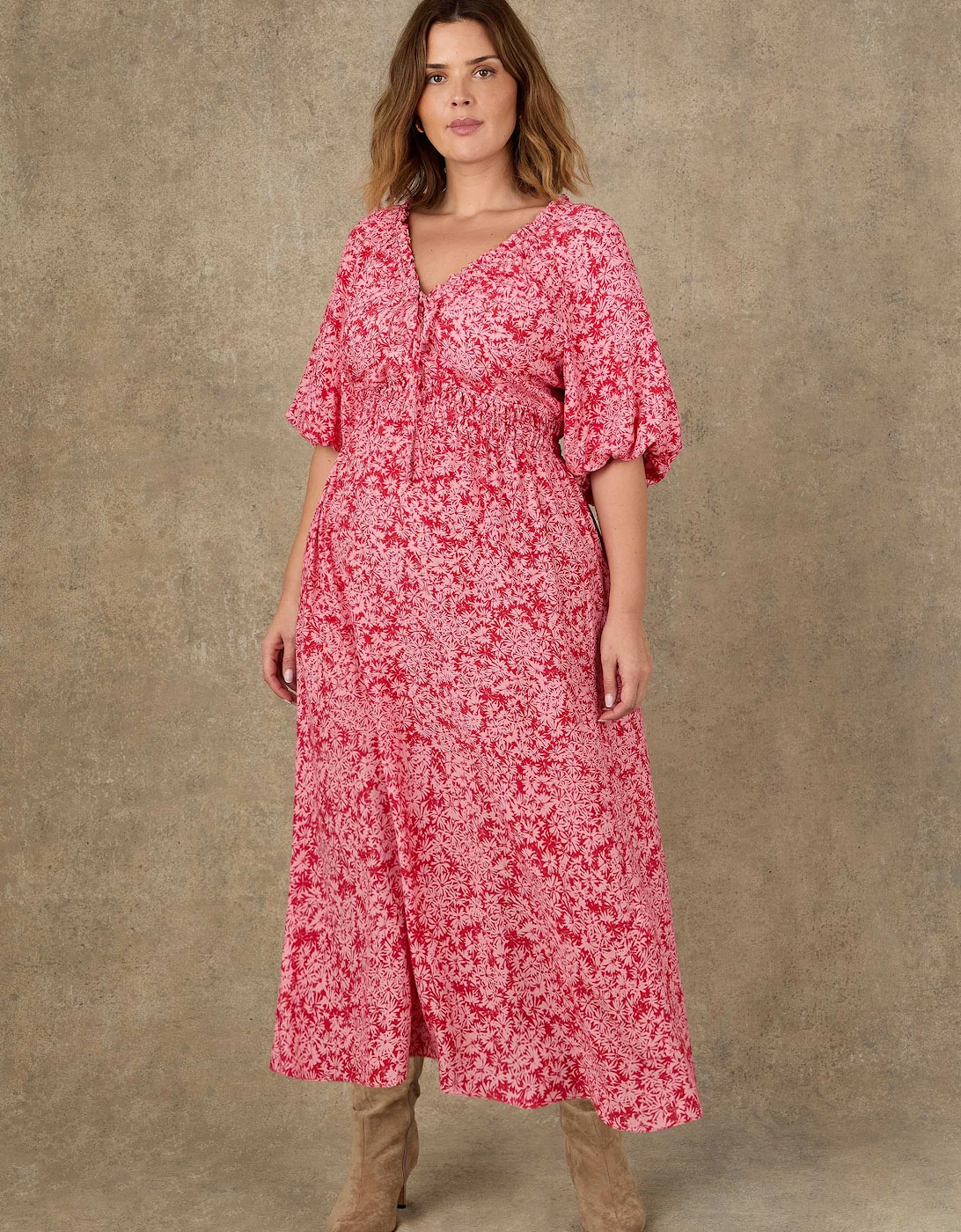 Pink Floral Print Puff Sleeve Elasticated Waist Dress