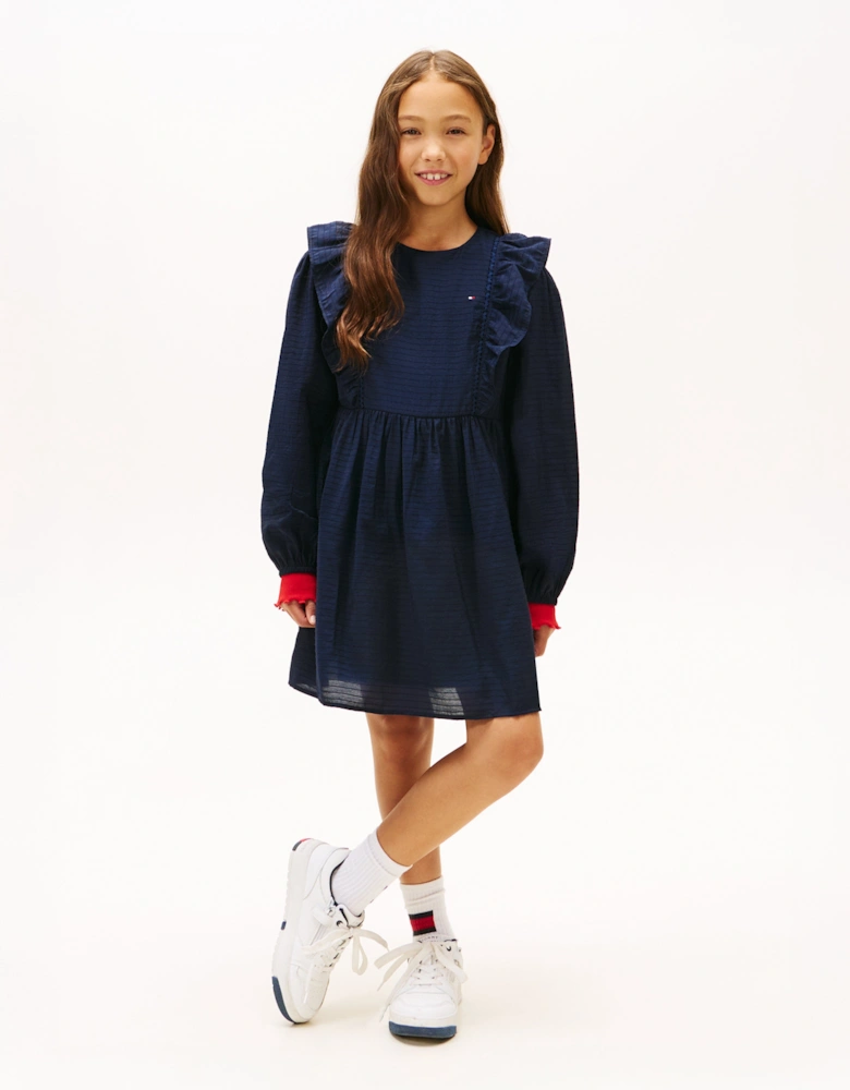 Girls Ruffle A-Line Dress in Navy