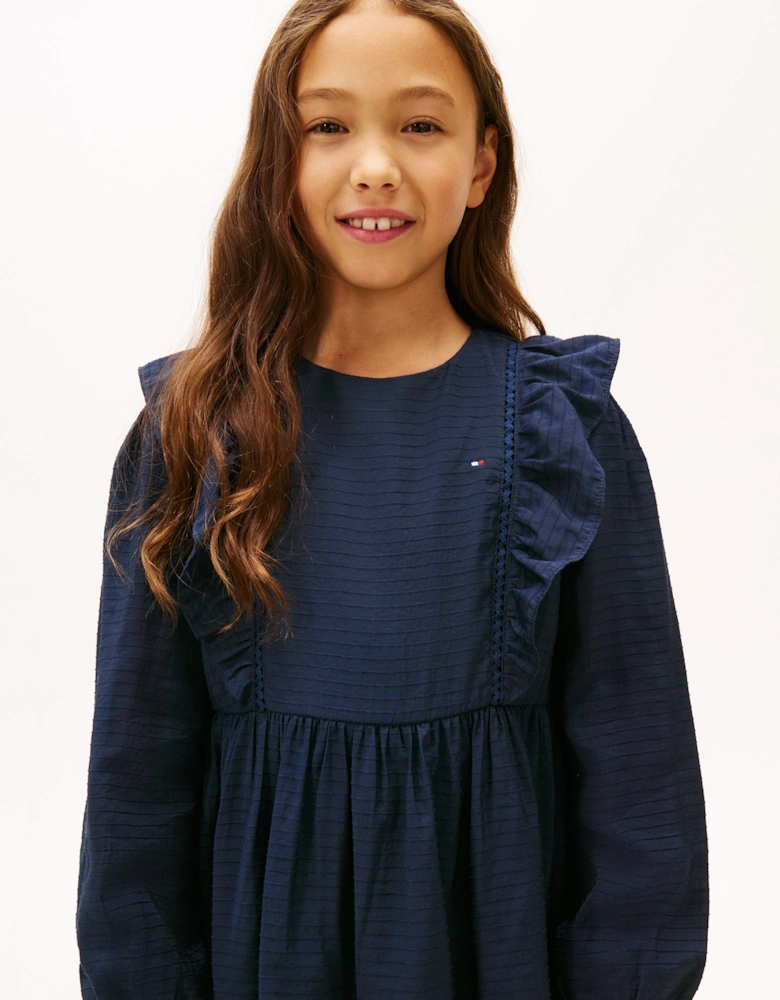 Girls Ruffle A-Line Dress in Navy