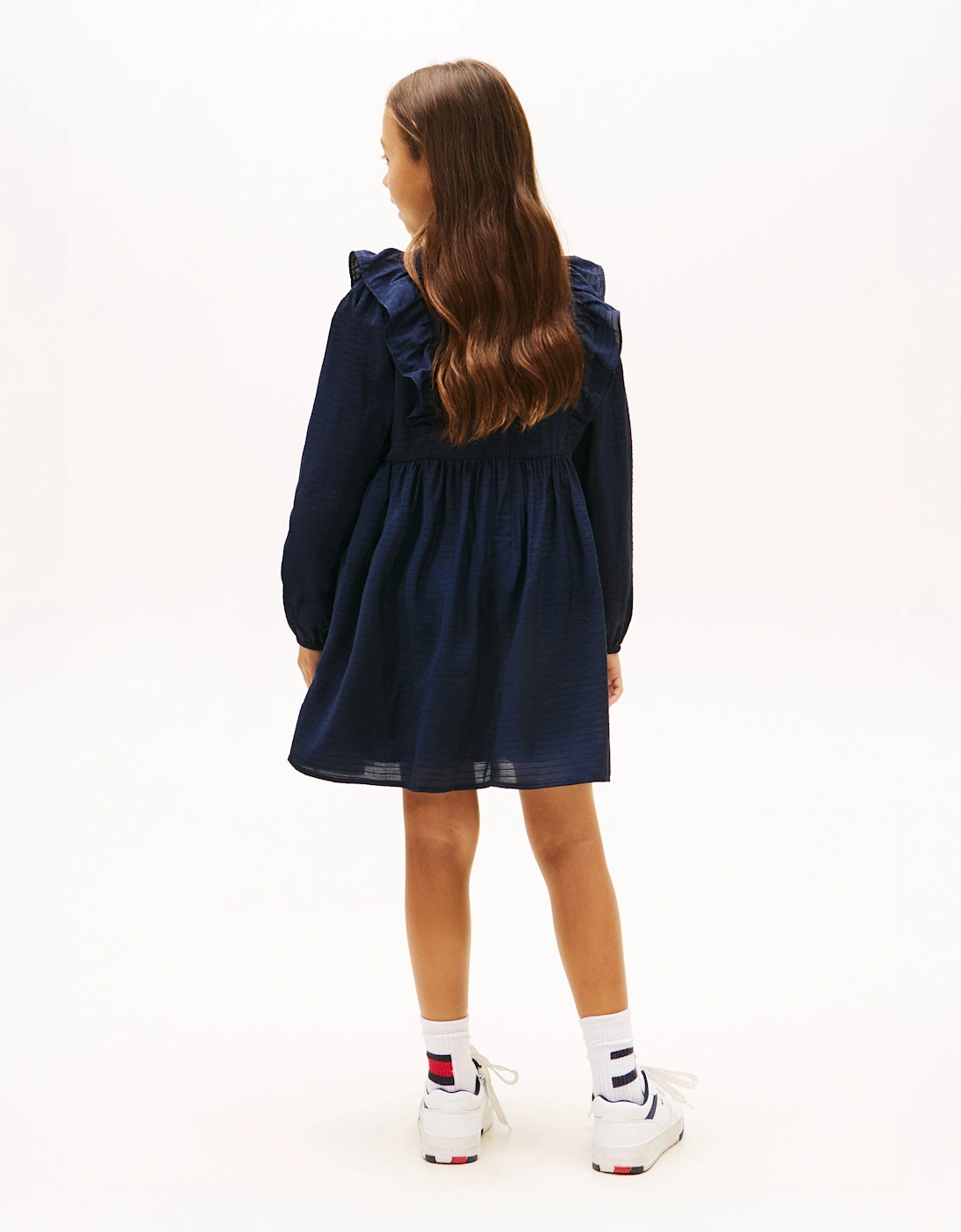 Girls Ruffle A-Line Dress in Navy
