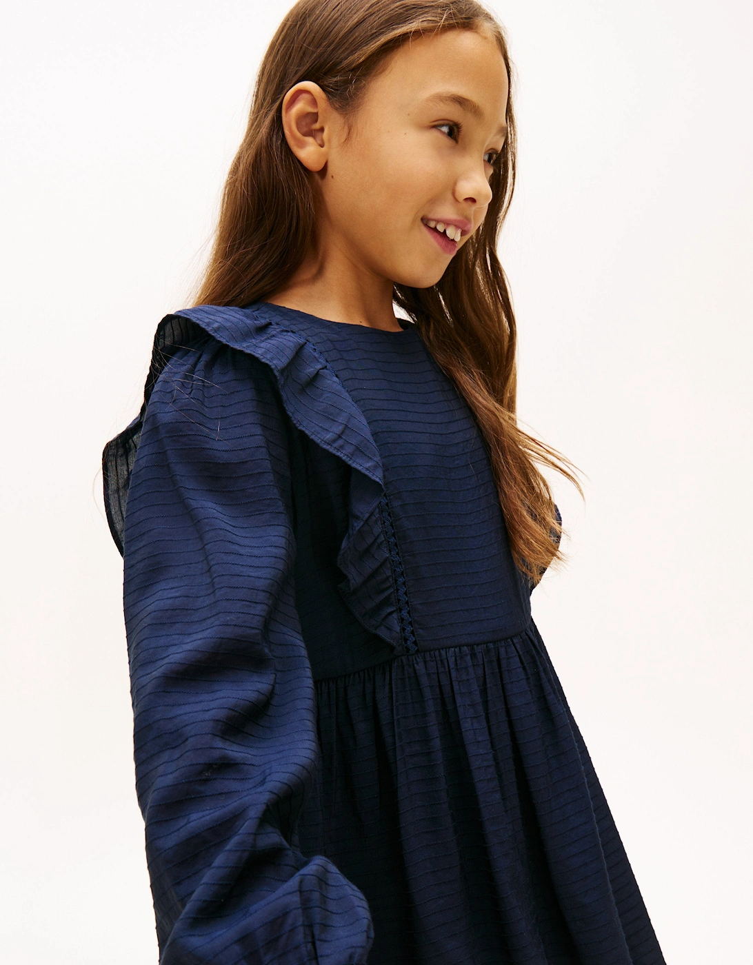 Girls Ruffle A-Line Dress in Navy