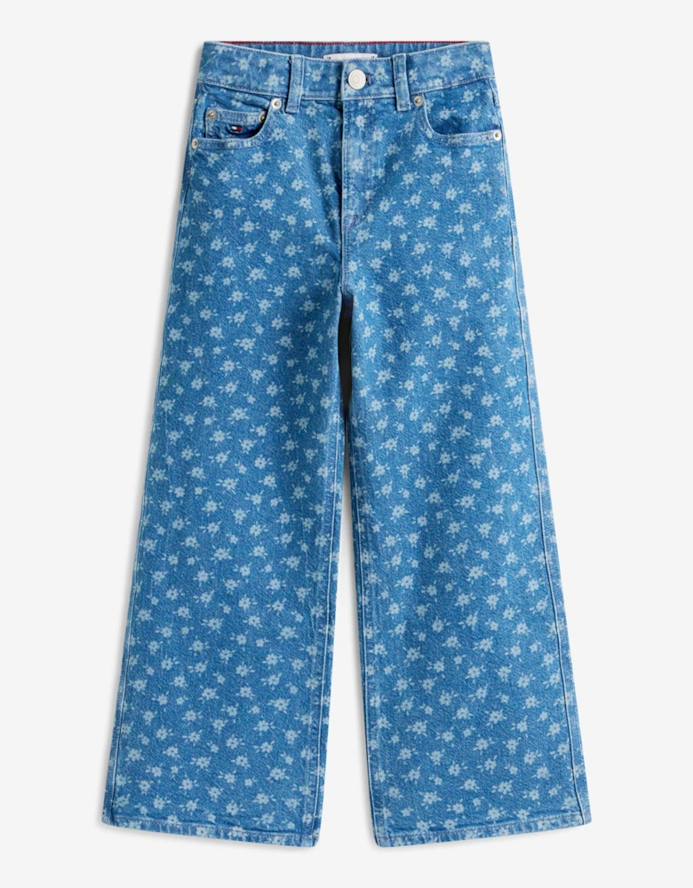 Girls Mabel Wide Leg Flower AOP Jeans in Blue