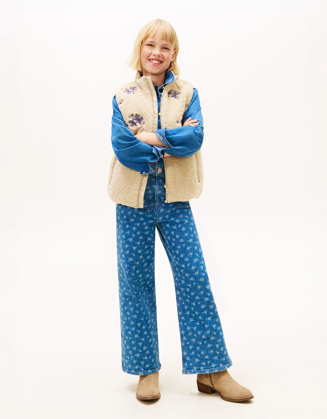 Girls Mabel Wide Leg Flower AOP Jeans in Blue