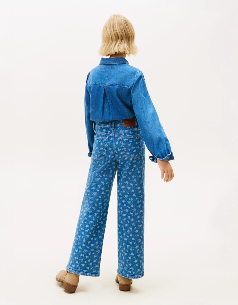 Girls Mabel Wide Leg Flower AOP Jeans in Blue