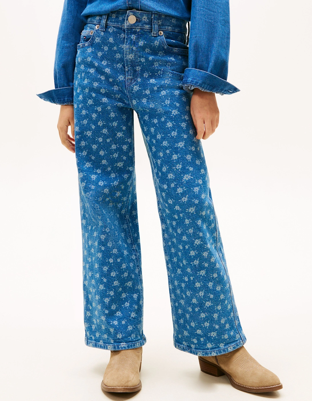 Girls Mabel Wide Leg Flower AOP Jeans in Blue