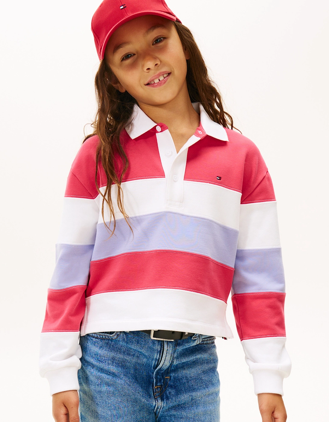 Girls Colourblock Long Sleeve Polo Shirt in Pink