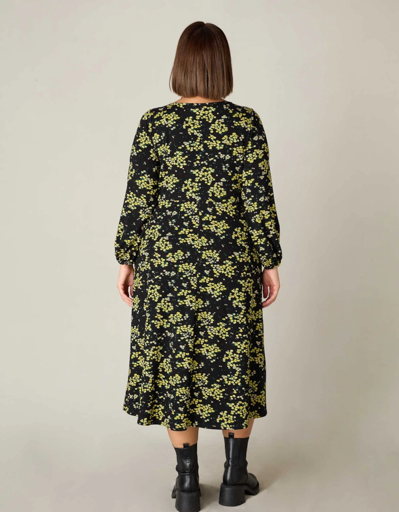 Yellow Ditsy Print Jersey Gathered Waist Midi Dress