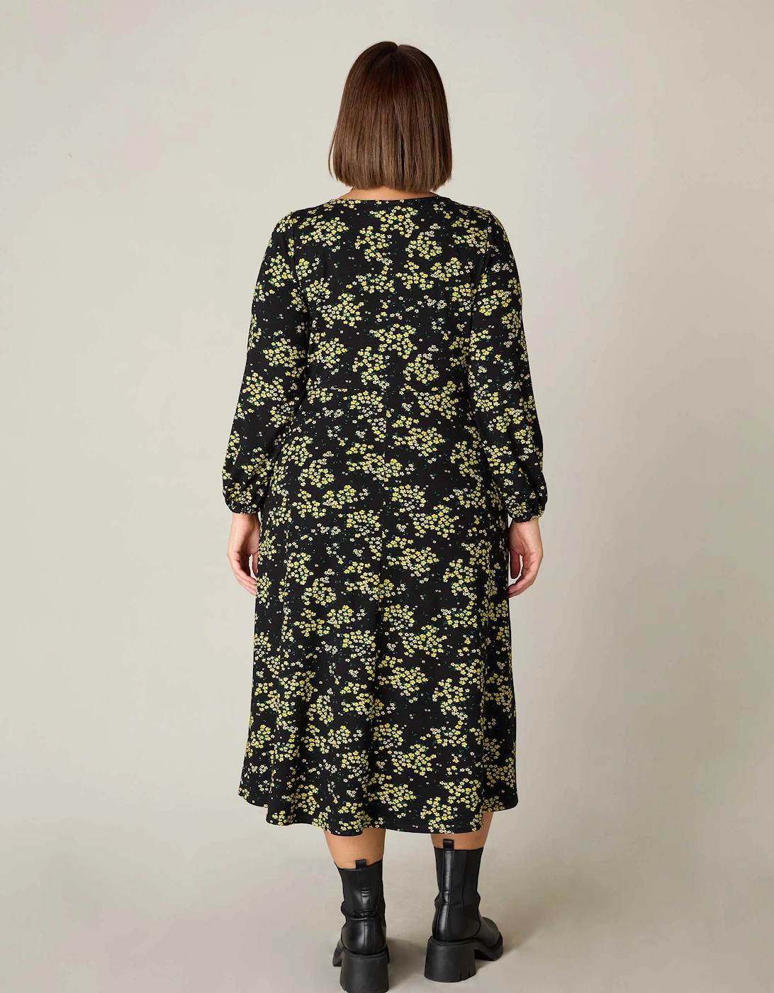 Yellow Ditsy Print Jersey Gathered Waist Midi Dress