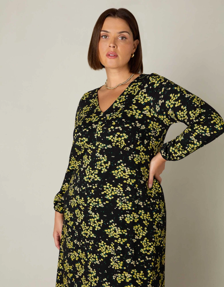 Yellow Ditsy Print Jersey Gathered Waist Midi Dress