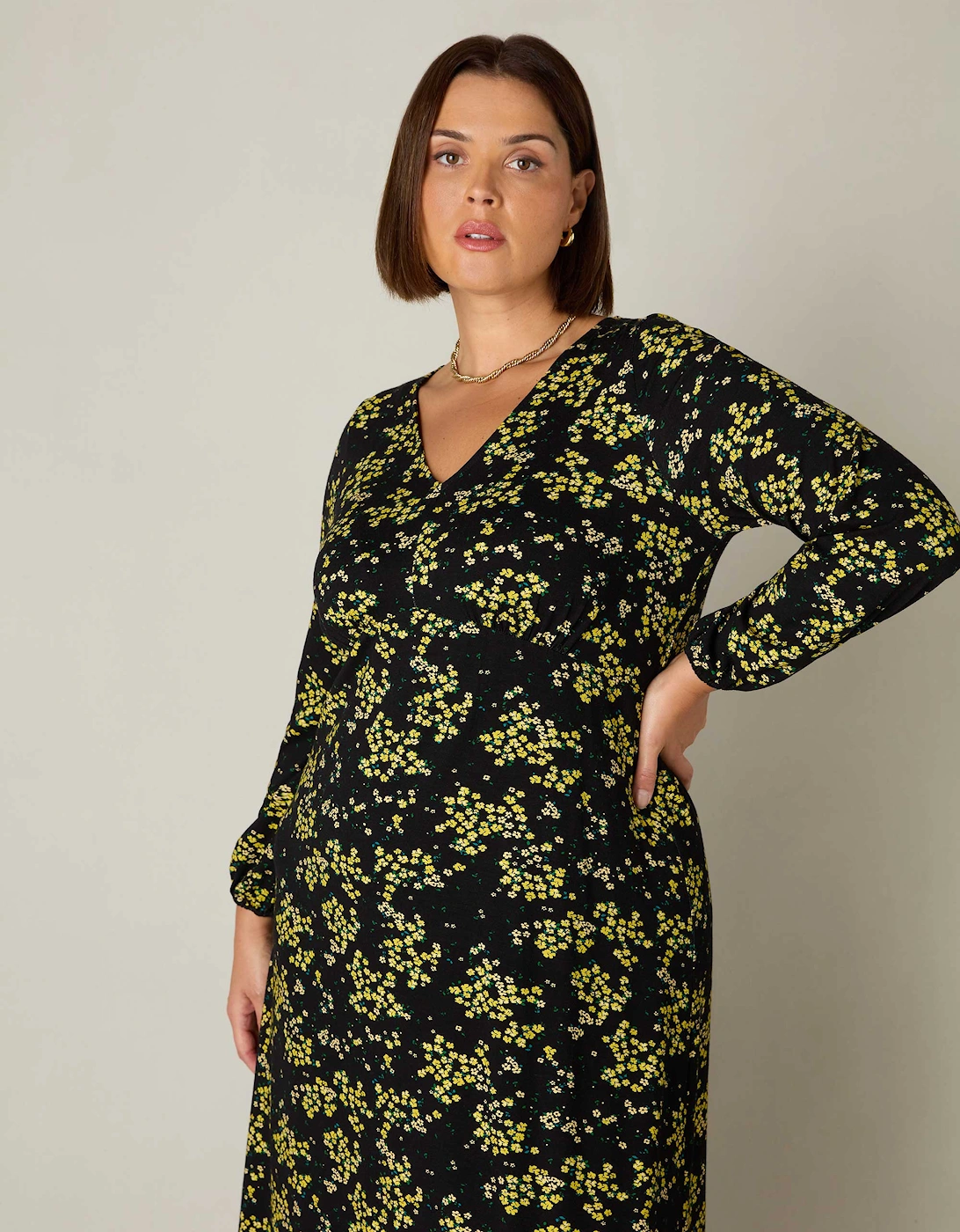 Yellow Ditsy Print Jersey Gathered Waist Midi Dress