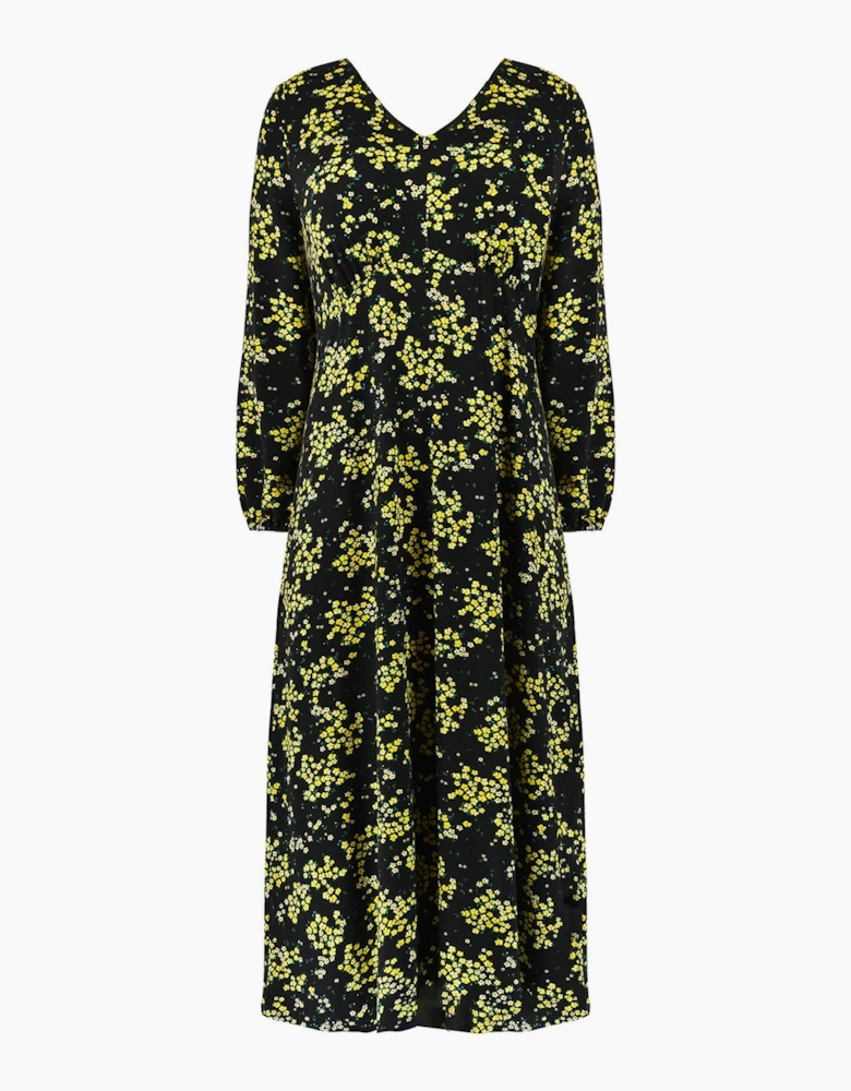 Yellow Ditsy Print Jersey Gathered Waist Midi Dress