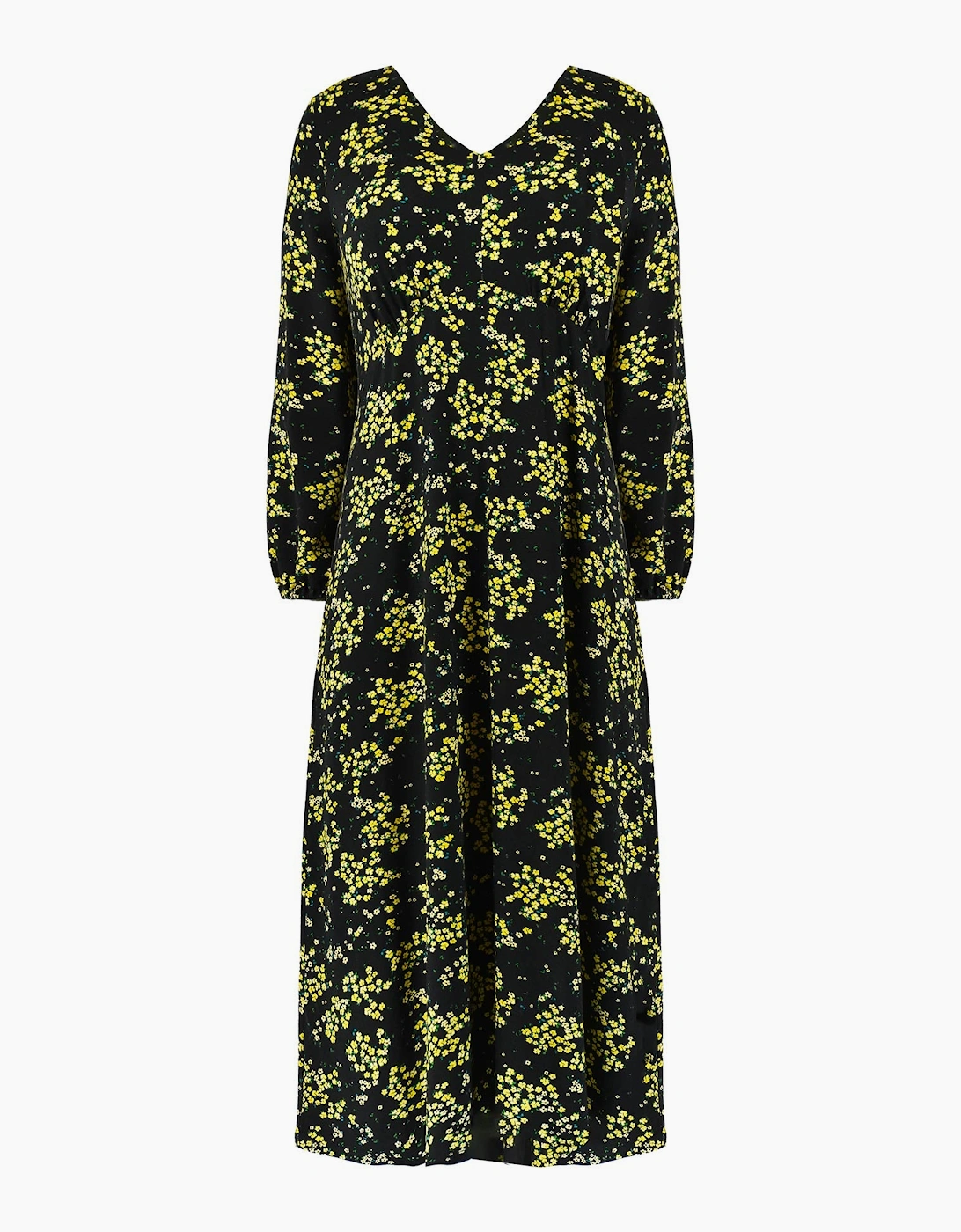 Yellow Ditsy Print Jersey Gathered Waist Midi Dress
