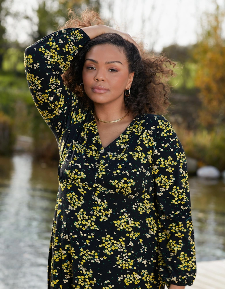Yellow Ditsy Print Jersey Gathered Waist Midi Dress