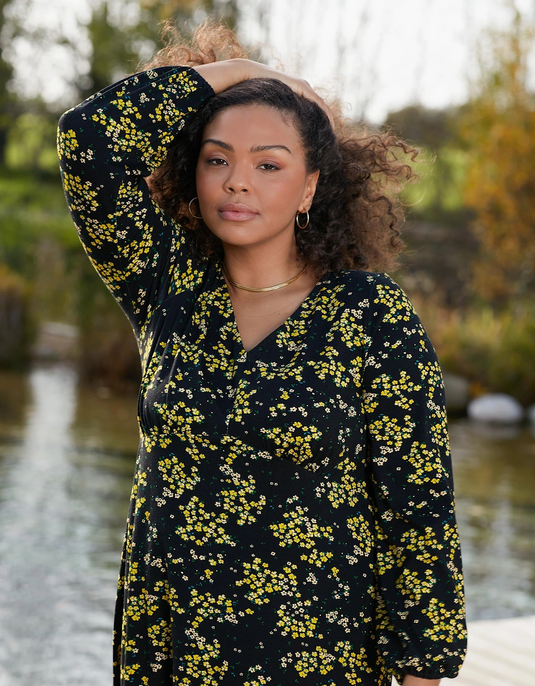 Yellow Ditsy Print Jersey Gathered Waist Midi Dress