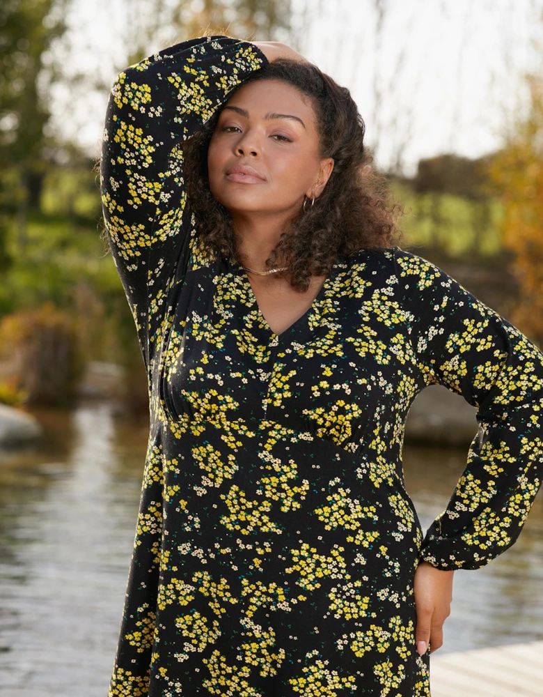 Yellow Ditsy Print Jersey Gathered Waist Midi Dress