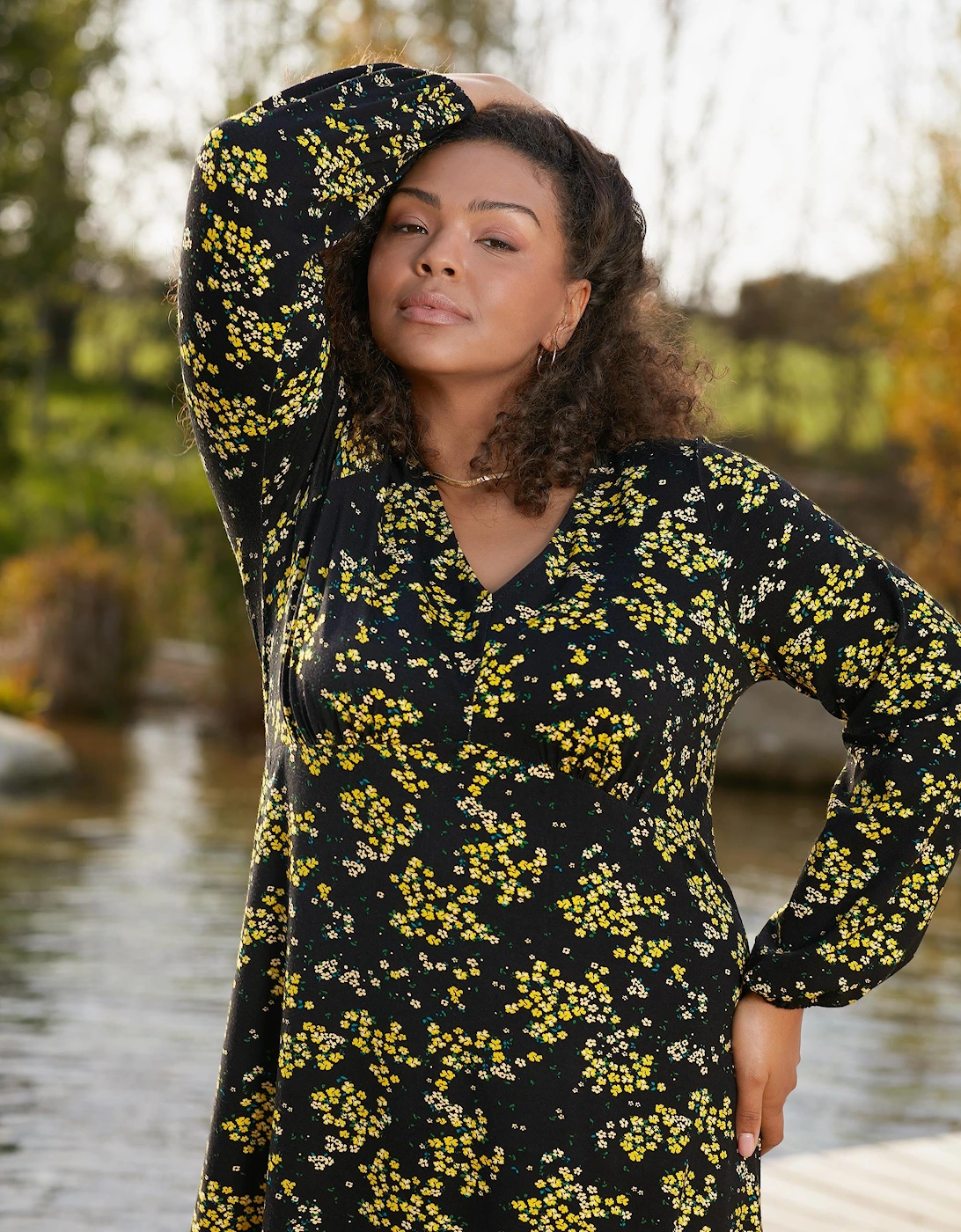 Yellow Ditsy Print Jersey Gathered Waist Midi Dress
